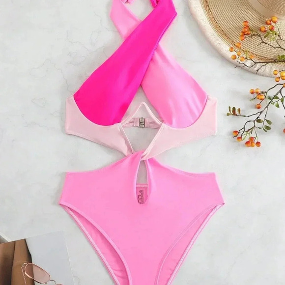 Pink Sexy Women's Beach Colorblock Cut-Out Halter One Piece Swimsuit - Picture 7 of 7
